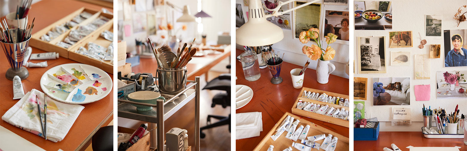 Four photos showing various artist materials, paints, brushed and a wall displaying various paintings and photographs