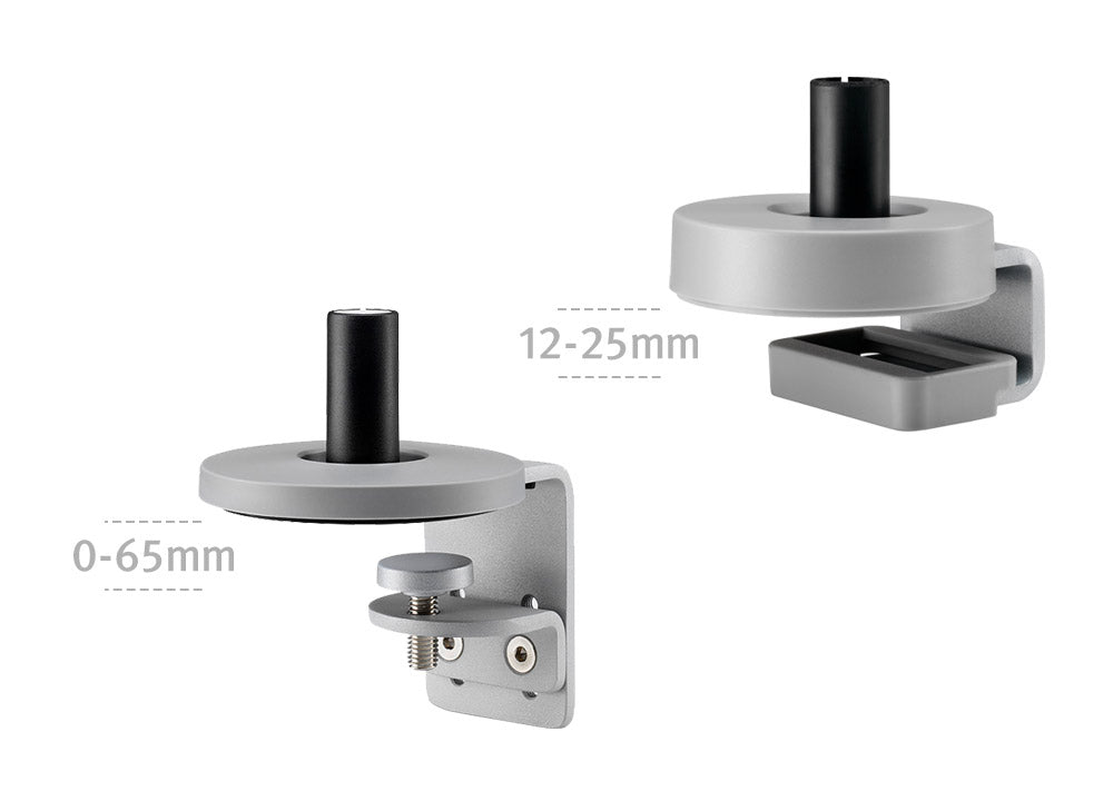 Two Ollin monitor arm clamps, showing the different options depending on the desk and surface thickness.