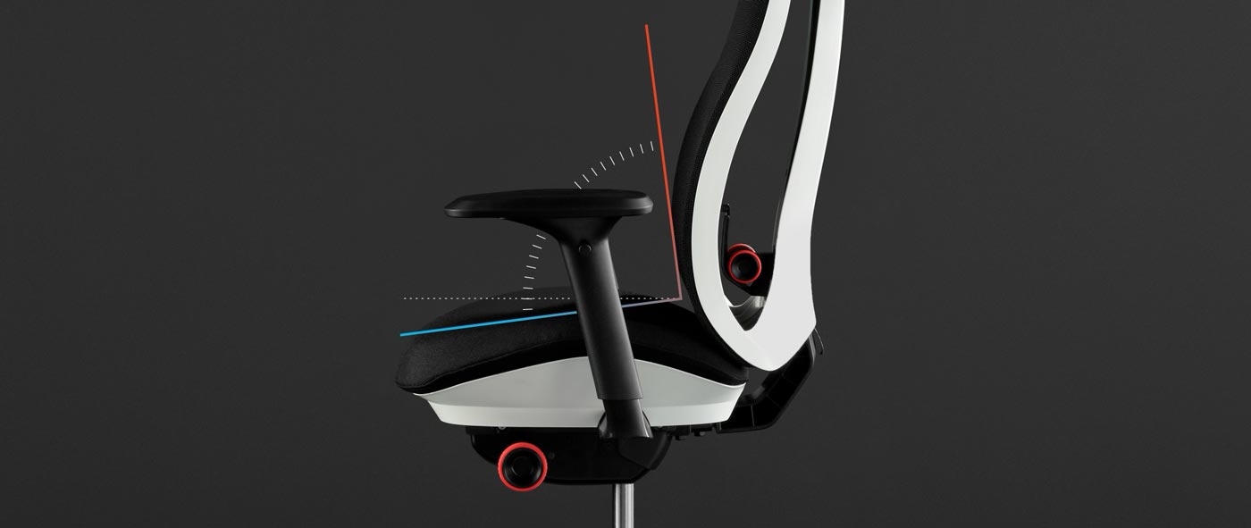 Side view of a white and black Vantum gaming chair by Herman Miller, overlaid with white graphics highlighting the seat and back angle.