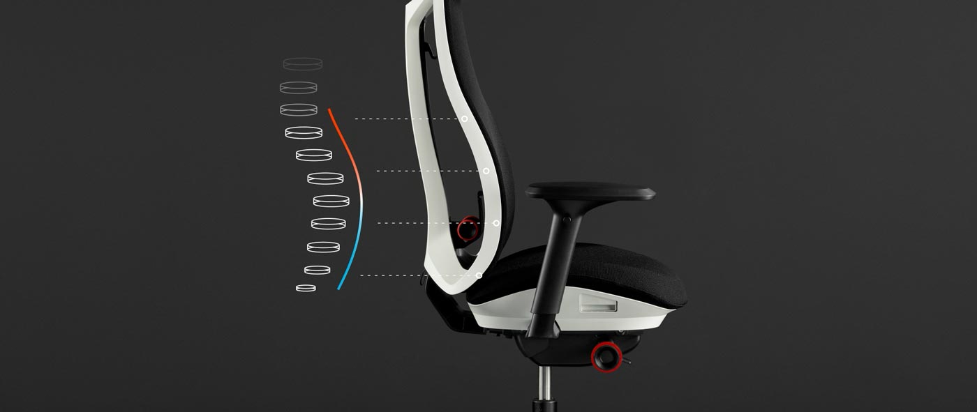 Side view of a white and black Vantum gaming chair by Herman Miller, overlaid with white graphics highlighting the back support.