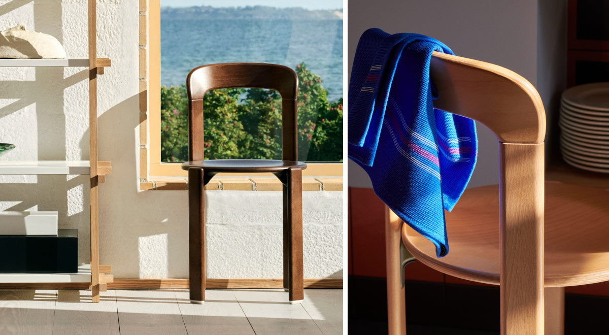 A collage of two images showing two Rey chairs by HAY, one is a close-up with a blue towel lying over the back of the chair.