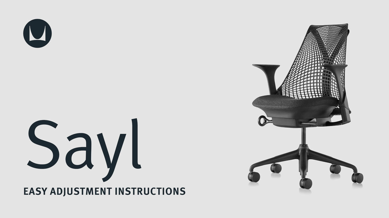 A video showing the technical adjustment features of a Herman Miller Sayl office chair, including seat height, seat depth, tilt tension, tilt limiter, back support adjustment and arm adjustment.