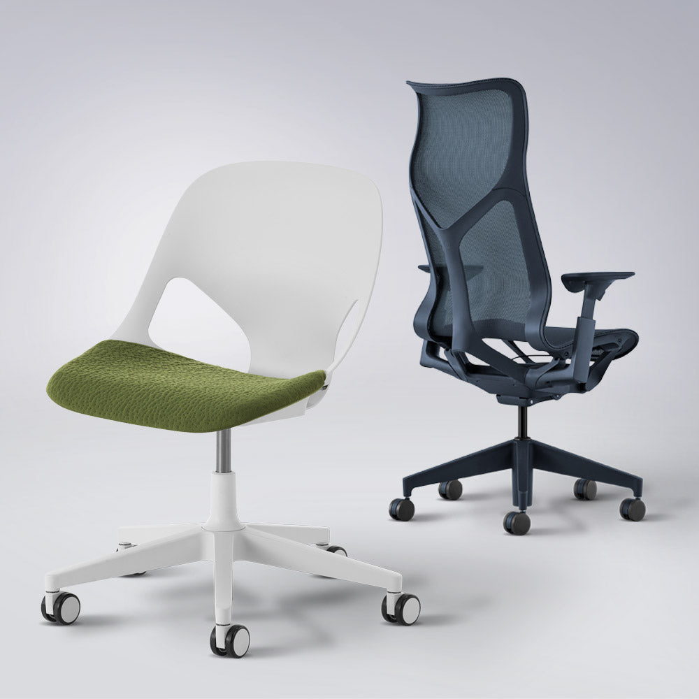 Picture of two Studio 7.5 designed office chairs Zeph in white with olive seat pad and Cosm high back in nightfall blue