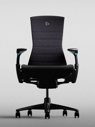 Front on view of Logitech Embody gaming chair in black & cyan