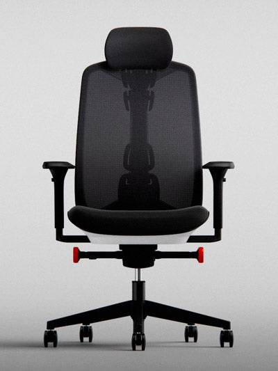 Front on view of Vantum gaming chair in black and polar white