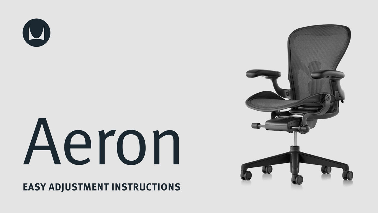 A video showing the technical adjustment features of an Aeron office chair by Herman Miller, including seat height, tilt limiter, back support, arm adjustment and forward tilt.