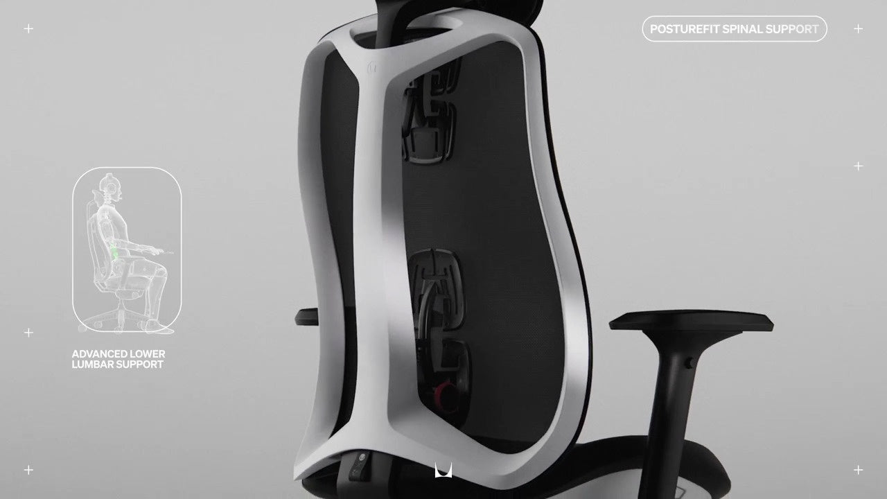 Rear view of Vantum gaming chair annotated with small line drawing of person sat in chair with wording 'Advanced lower lumber support' and 'Posturefit spinal support'