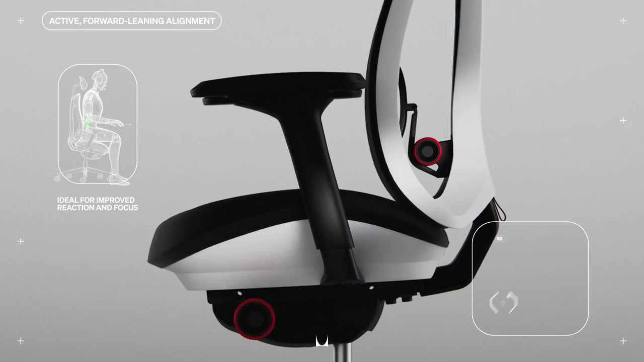 Side view of Vantum gaming chair annotated with small line drawing with wording 'Ideal for improved reaction and focus' and 'Active, forward leaning alignment'