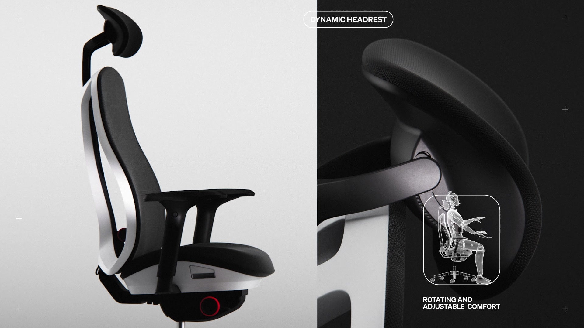 Side view of Vantum gaming chair showing headrest annotated with small line drawing with wording 'Rotating and adjustable comfort' and 'Dynamic Headrest'