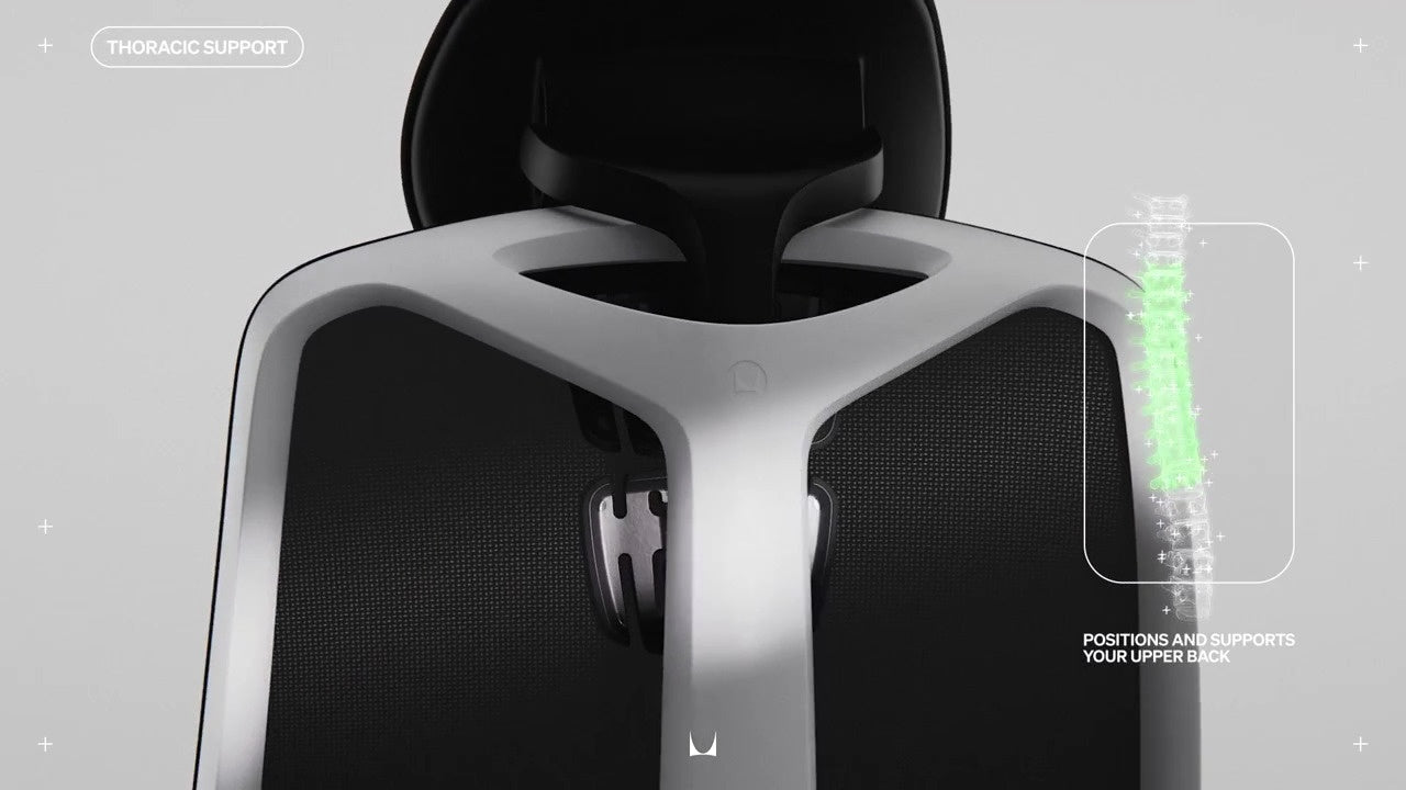 Side view of Vantum gaming chair showing headrest annotated with small line drawing of spine with wording 'Positions and supports your upper back' and 'Thoracic support'