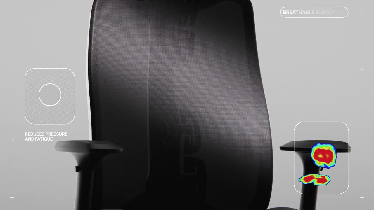 Front on view of Vantum gaming chair back annotated with small line drawing with wording 'Reduces pressure, and fatgiue' and 'Breathable suspension'