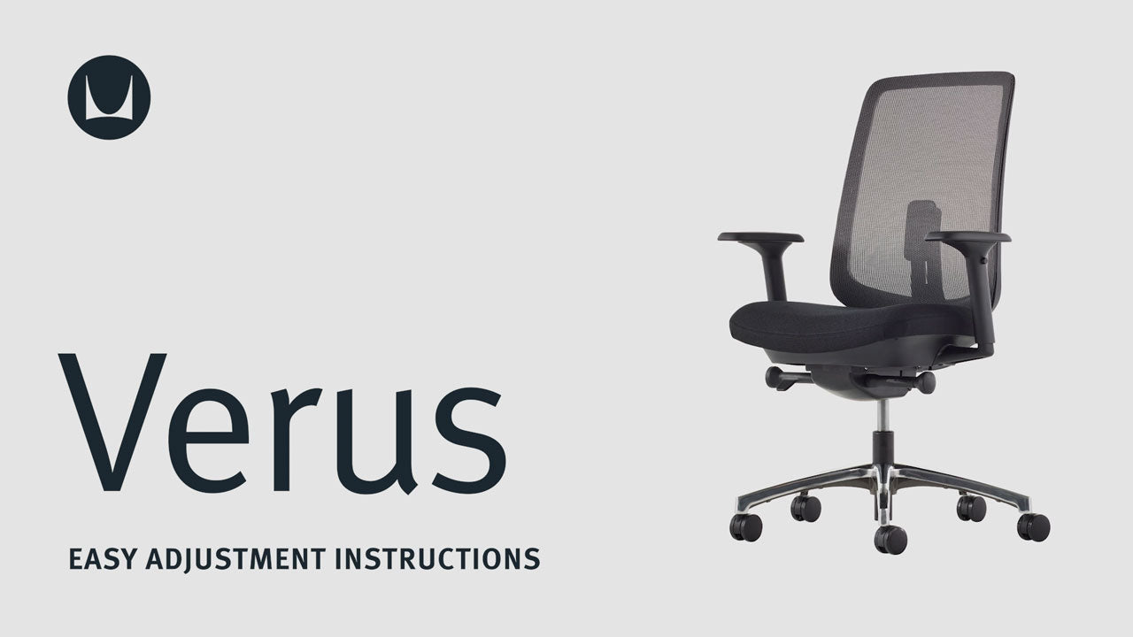 A video showing the technical adjustment features of a Herman Miller Verus office chair, including seat height, seat depth, tilt tension, tilt limiter, back support adjustment and arm adjustment.