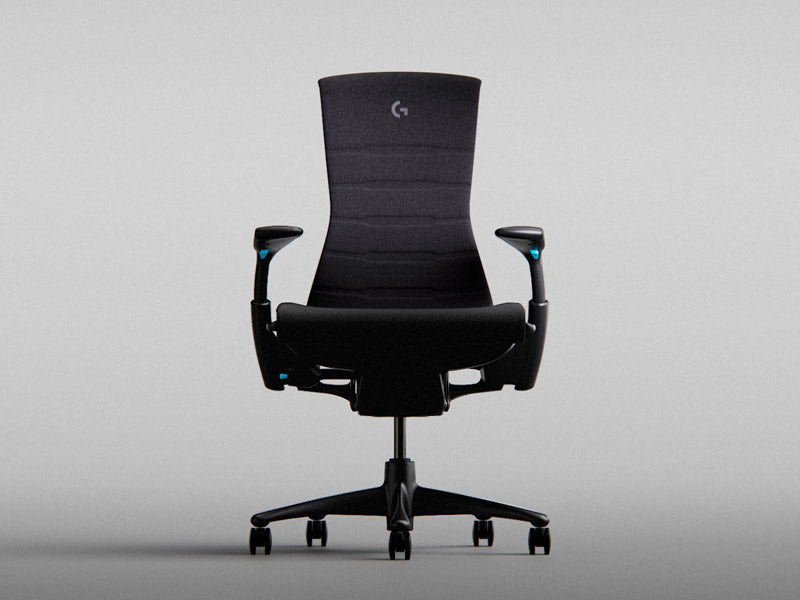 Front on view of Logitech Embody gaming chair in black & cyan