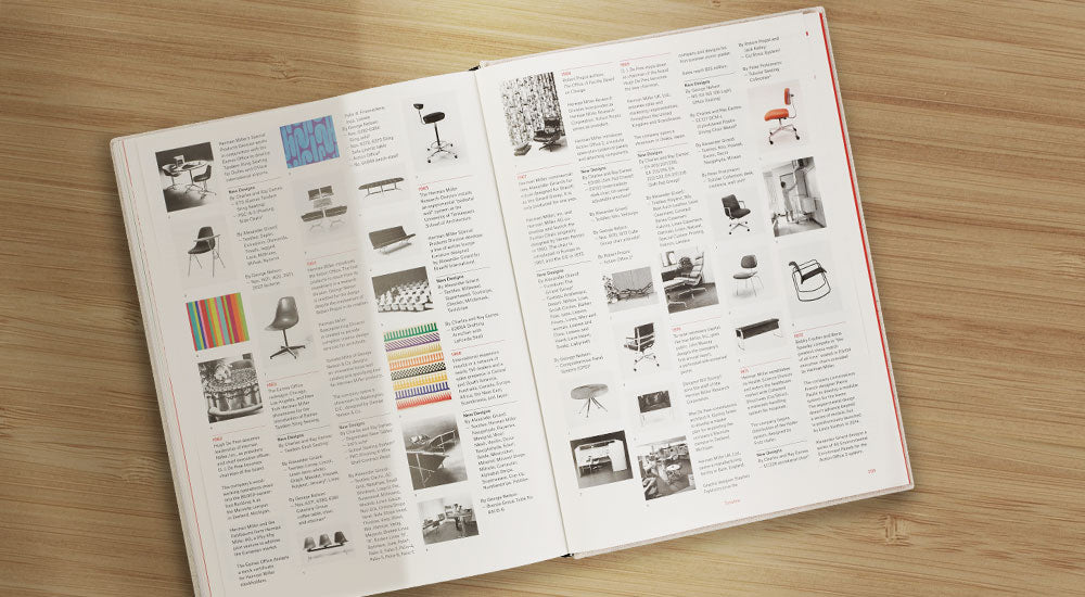 Top view of an open Herman Miller - A Way of Living Book. The pages show small images of classic and innovative Herman Miller products.