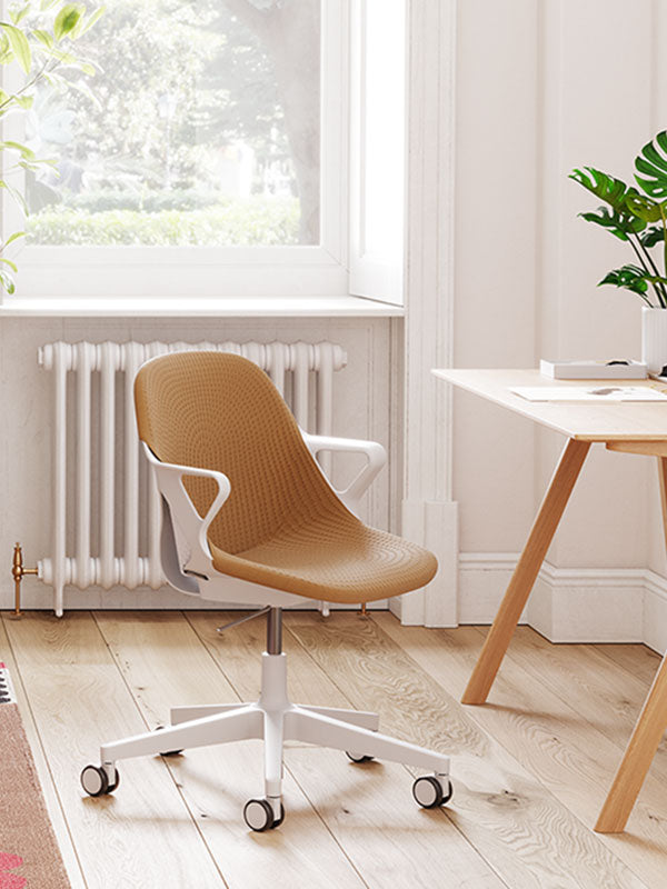 Zeph home office chair in white with rose pink seat and back cover with Hay Copenhague 90 oak desk